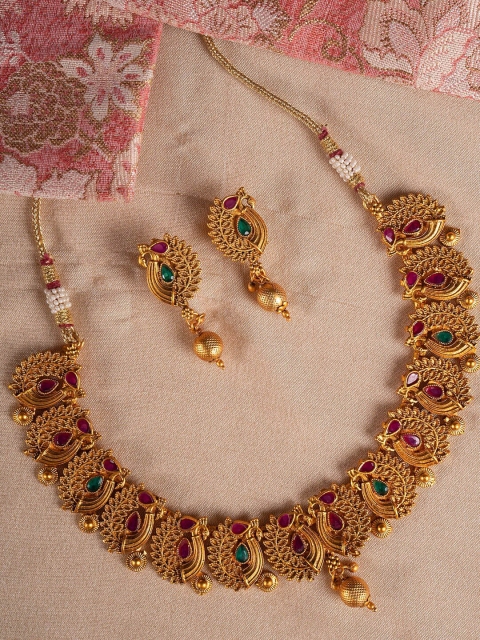 

Shoshaa Gold-Plated Magenta Pink & Green Stone-Studded Handcrafted Temple Jewellery Set
