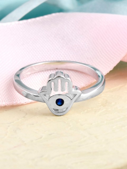

Tistabene Rodium-Plated Silver-Toned & Blue Stone-Studded Finger Ring