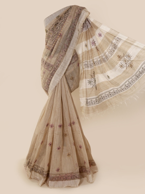 

Pothys Cream-Coloured & Red Jute Cotton Embroidered Saree