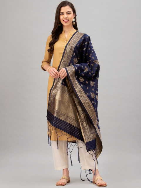 

Satrani Navy Blue & Gold-Coloured Woven Design Jacquard Banarasi Dupatta