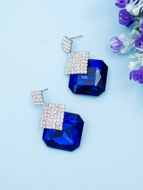 

Golden Peacock Blue & Silver-Toned Hand Painted Contemporary Drop Earrings
