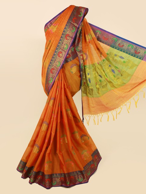 

Pothys Orange & Green Cotton Blend Woven Design Saree