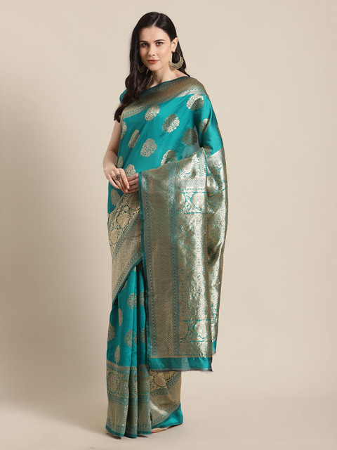 

Mitera Teal Silk Blend Woven Design Banarasi Saree