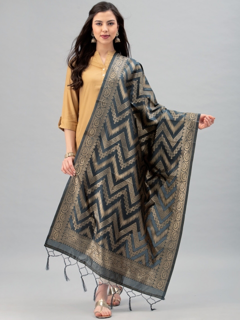 

Satrani Grey & Gold-Coloured Woven Design Jacquard Banarasi Dupatta