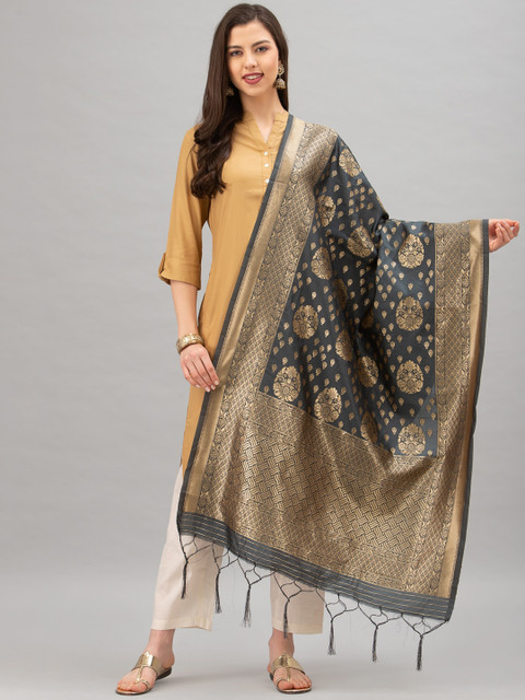 

Satrani Grey & Gold-Coloured Woven Design Jacquard Banarasi Dupatta