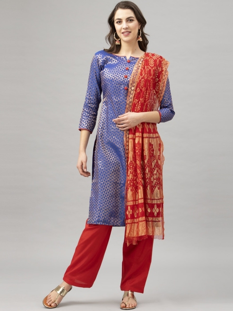 

Satrani Blue & Red Poly Silk Unstitched Dress Material