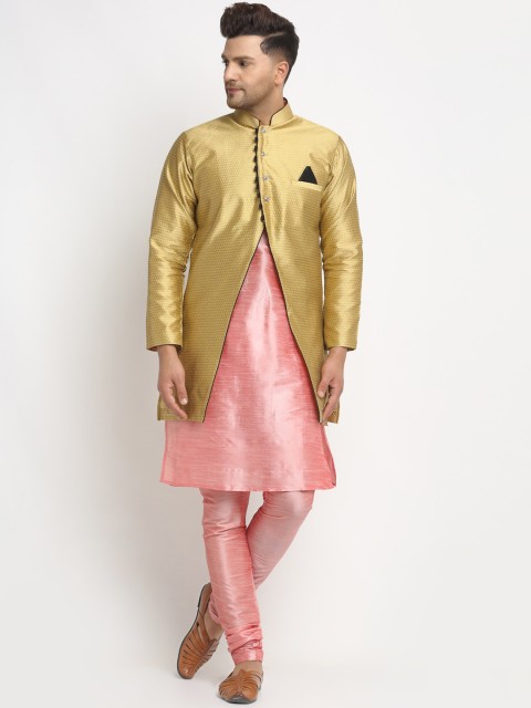 

Benstoke Men Pink & Gold-Toned Solid Kurta with Pyjamas