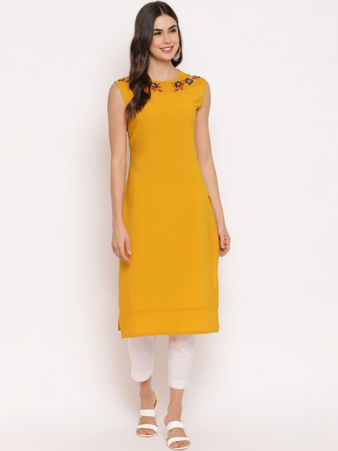 

Napra Women Mustard & Navy Blue Floral Embroidered Thread Work Crepe Kurta