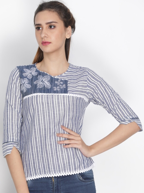 Nakshi Blue & White Striped Pure Cotton Regular Top