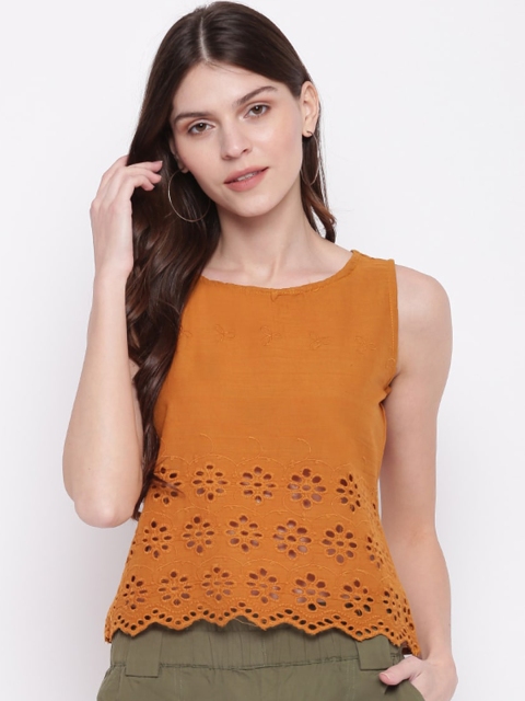 

Mayra Mustard Yellow Self-Design Sleeveless Pure Cotton A-line Top