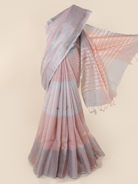 

Pothys Peach-Coloured & Grey Linen Blend Colourblocked Saree