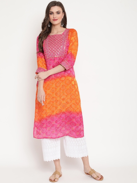 

Ramas Women Pink & Orange Ethnic Motifs Printed Thread Work Kurta