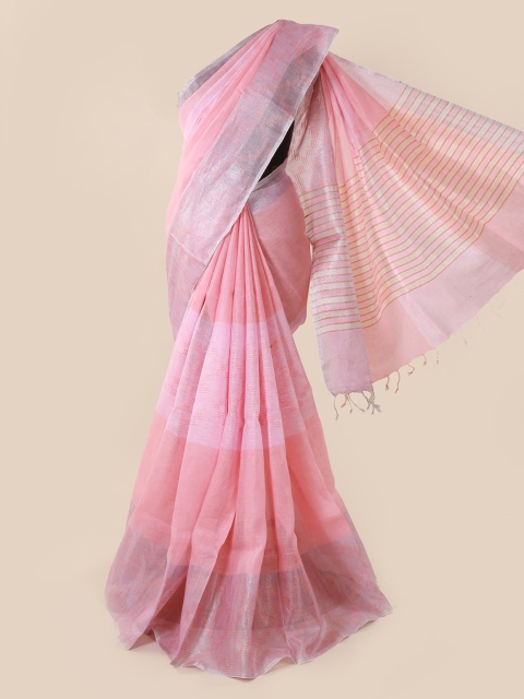 

Pothys Pink & Silver-Toned Linen Blend Woven Design Saree