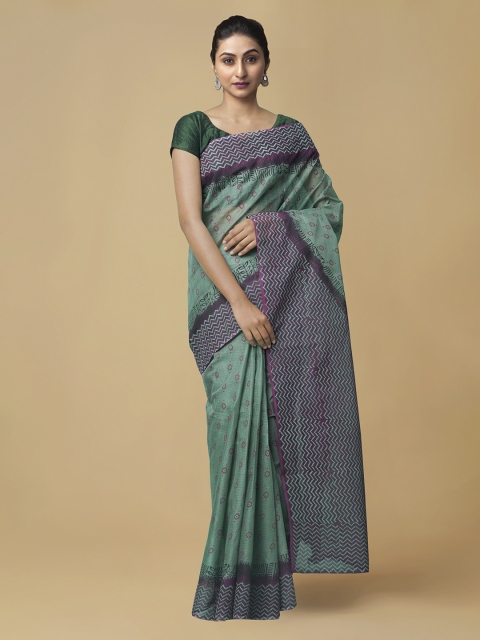 

Unnati Silks Green & Purple Organza Printed Kota Handloom Saree