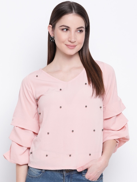 

Mayra Pink Embellished Bell Sleeves V-Neck Studded Crepe Regular Top