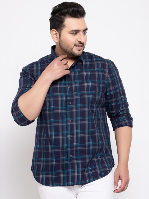 

plusS Men Navy Blue & Green Regular Fit Checked Casual Shirt