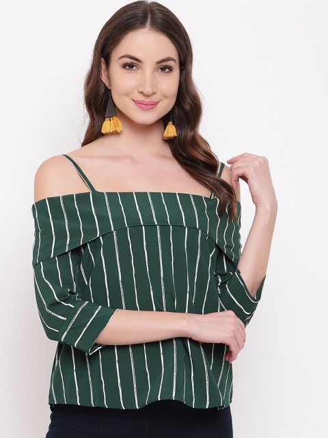 

Mayra Green Striped Crepe Bardot Top