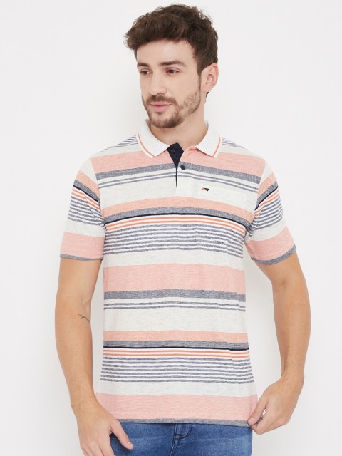 

NEVA Men Pink & Off-White Striped Polo Collar T-shirt
