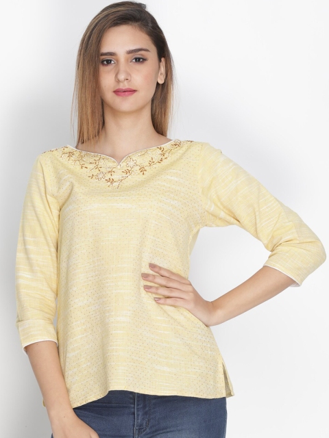 

Nakshi Yellow Floral Embroidered Pure Cotton V-Neck Regular Top