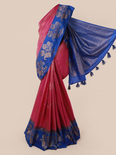 

Pothys Pink & Blue Art Silk Solid Saree With Tasseled Pallu