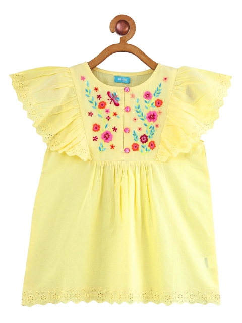 

Miyo Yellow Floral Embroidered Flutter Sleeves Pure Cotton Regular Top