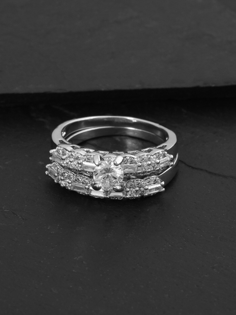 

Tistabene Set Of 2 Rhodium-Plated White Stone-Studded Finger Ring