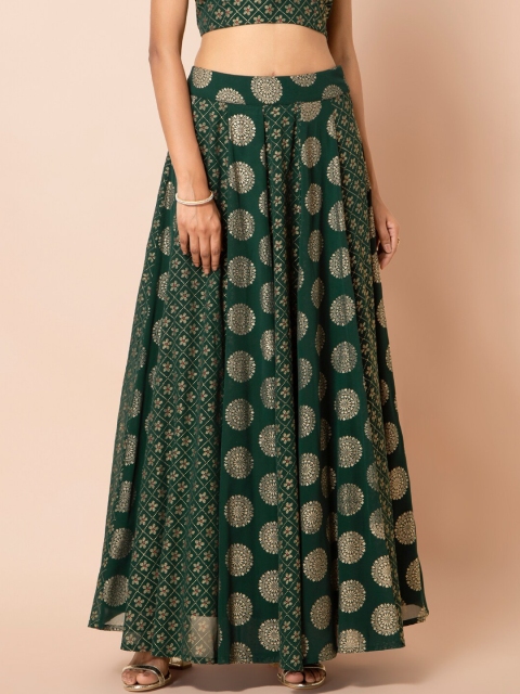 

INDYA Women Green & Gold-Coloured Printed Flared Maxi Skirt