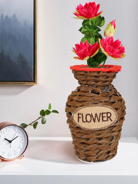 

TIED RIBBONS Brown & Red Lotus Lily Artificial Flower Stick With Ratan Vase
