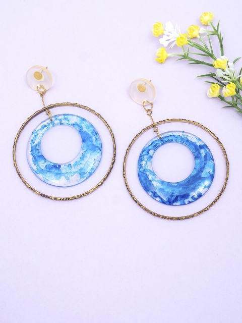 

Golden Peacock Blue Circular Drop Earrings