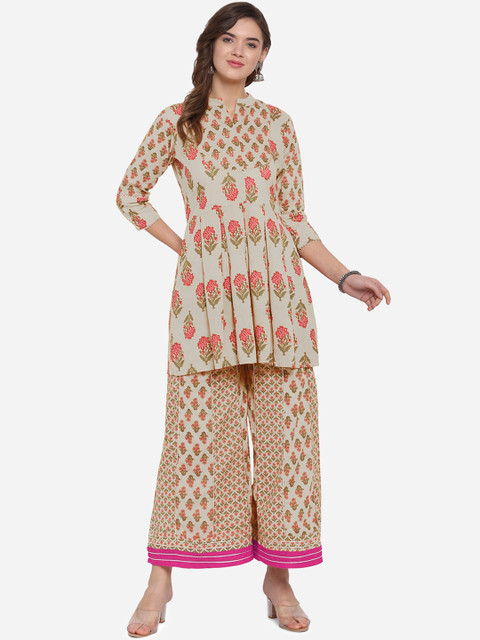 

Mirchi Fashion Women Beige Printed Kurta with Sharara