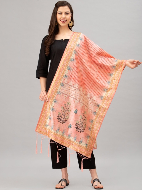 

Satrani Peach-Coloured & Sea Green Floral Digital Print Jacquard Dupatta