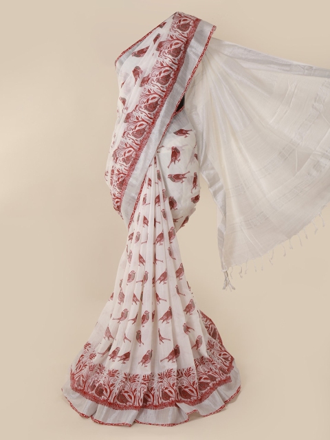 

Pothys White & Maroon Linen Blend Printed Saree