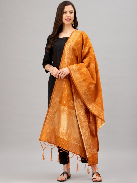 

Satrani Orange & Gold-Coloured Woven Design Jacquard Banarasi Dupatta