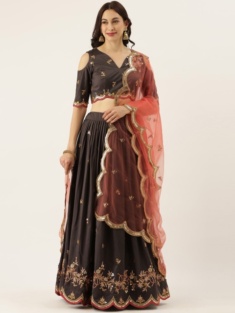 

panchhi Coffee Brown & Gold-Toned Embroidered Semi-Stitched Lehenga & Unstitched Blouse with Dupatta