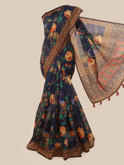 

Pothys Navy Blue & Brown Cotton Blend Printed Saree