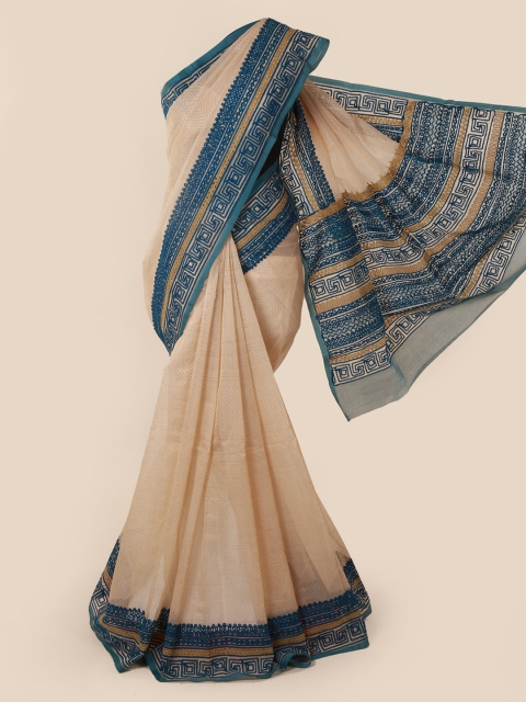 

Pothys Cream-Coloured & Navy Blue Supernet Printed Saree
