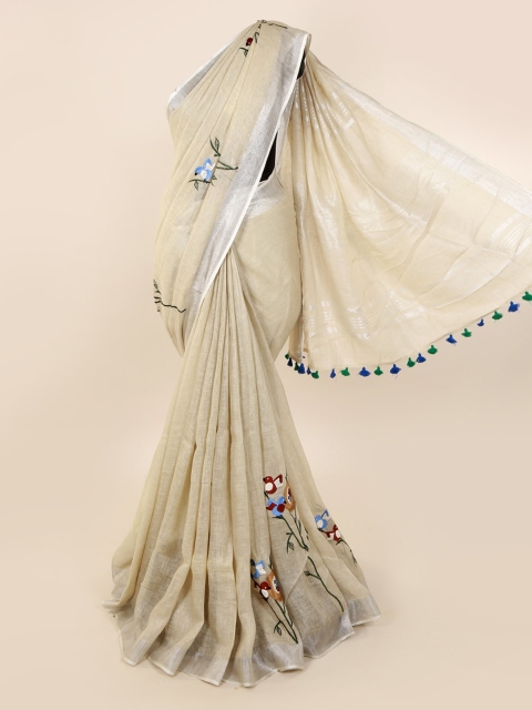 

Pothys Cream-Coloured Embroidered Linen Blend Saree