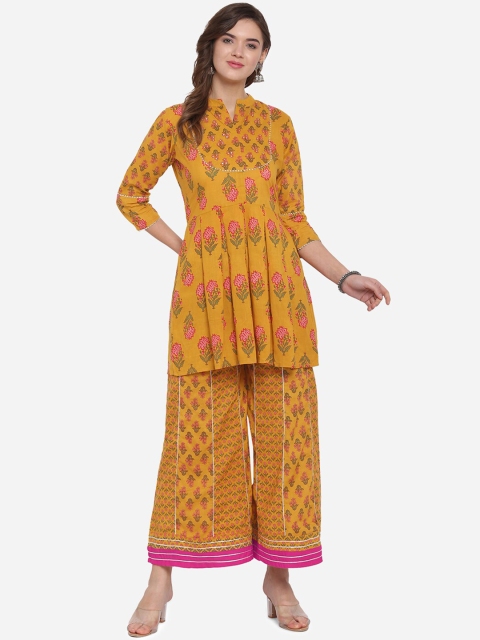 

Mirchi Fashion Women Mustard Yellow & Pink Printed Kurta with Sharara