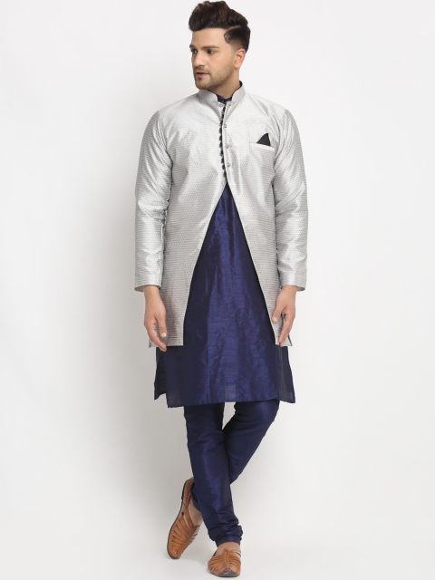 

Benstoke Men Blue & Silver-Toned Solid Kurta with Churidar