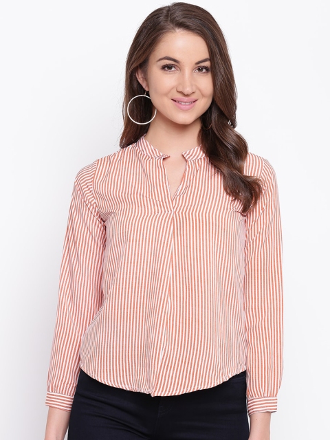 

Mayra Pink & White Striped Mandarin Collar Crepe Cuffed Sleeves Regular Top