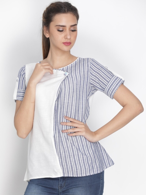 

Nakshi White Striped Roll-up Sleeves Pure Cotton Wrap Top