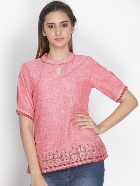 

Nakshi Pink Striped Keyhole Neck Puff Sleeves Pure Cotton Regular Top
