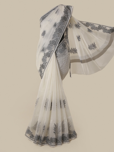 

Pothys Cream-Coloured & Black Supernet Printed Saree