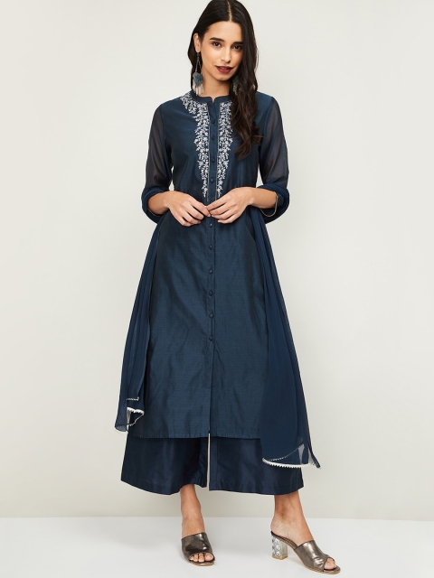 

Melange by Lifestyle Women Navy Blue Yoke Design Kurta with Trousers & Dupatta