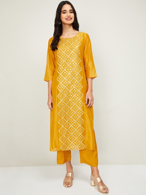 

Melange by Lifestyle Women Mustard Yellow Embroidered Kurta with Trousers & Dupatta