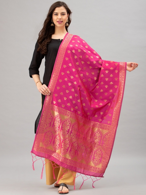 Satrani Pink & Gold-Coloured Woven Design Jacquard Banarasi Dupatta