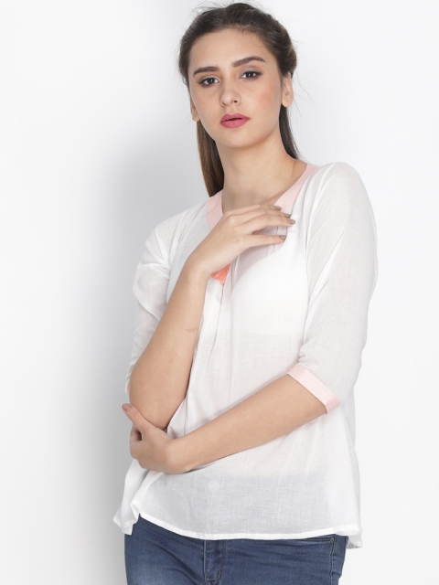 

Nakshi White Solid V-Neck Pure Cotton Regular Top