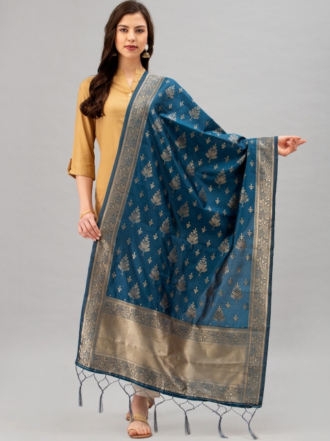 

Satrani Blue & Gold-Coloured Woven Design Jacquard Banarasi Dupatta