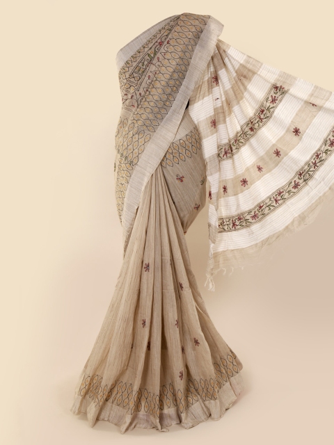 

Pothys Cream-Coloured Embroidered Jute Cotton Saree