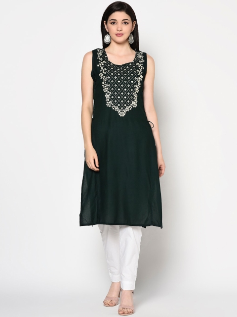 

Gulmohar Jaipur Women Green Yoke Design Thread Work Kurta
